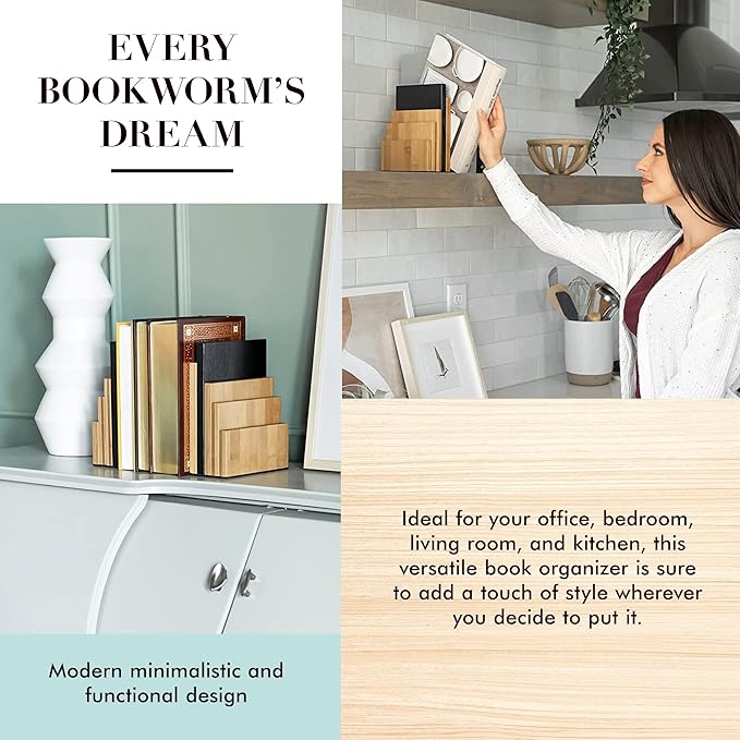 JUSK DESIGN Bamboo Book End/Book Organizer - Non-Skid Decorative Bookends for Office and Home - Book Holders for Shelves - Substantial Weight - Holds Heavy Books