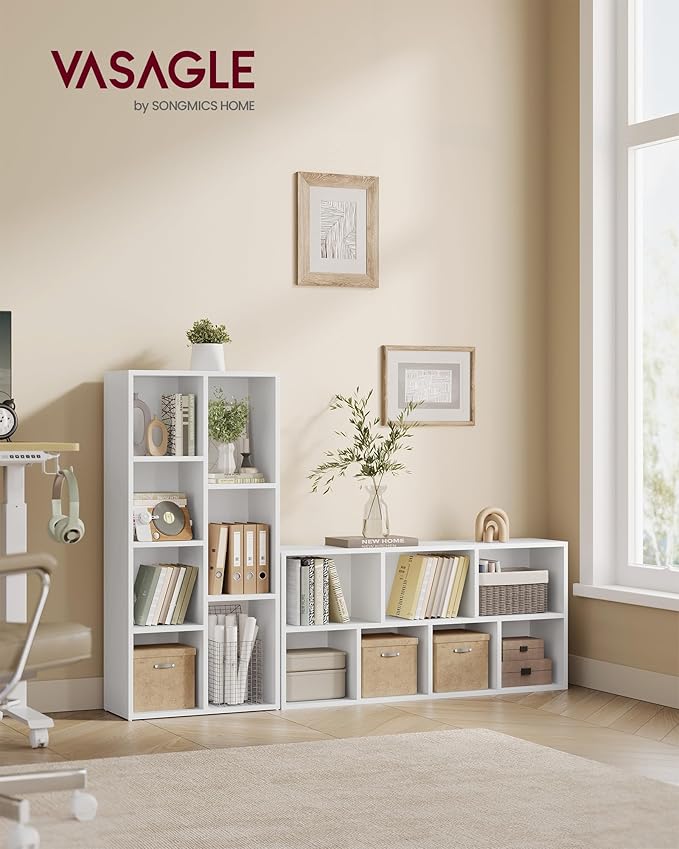 VASAGLE Bookcase, Bookshelf with 7 Compartments, Freestanding Shelves and Cube Organizer, for Display in Living Room, Bedroom, and Home Office, Cloud White ULBC27WT