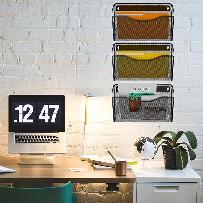 Gawerk 3 Pack Wall File Organizer, Mesh Hanging Metal Vertical Wall Mounted File Holder for Office/Home