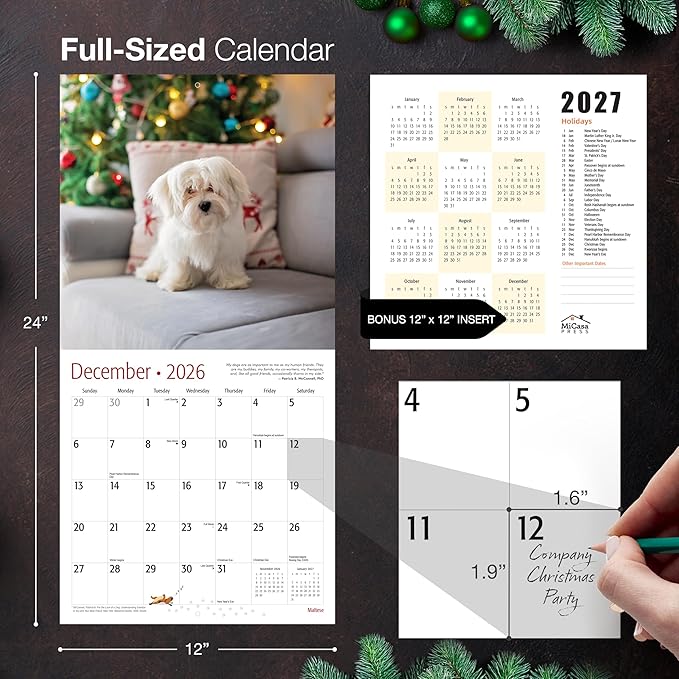 MICASA PRESS Maltese 2026 Wall Calendar 12 Month | 12" x 24" Open | Thick & Sturdy Paper | Holiday Gift | Cute Puppy Dog Calendar 2026