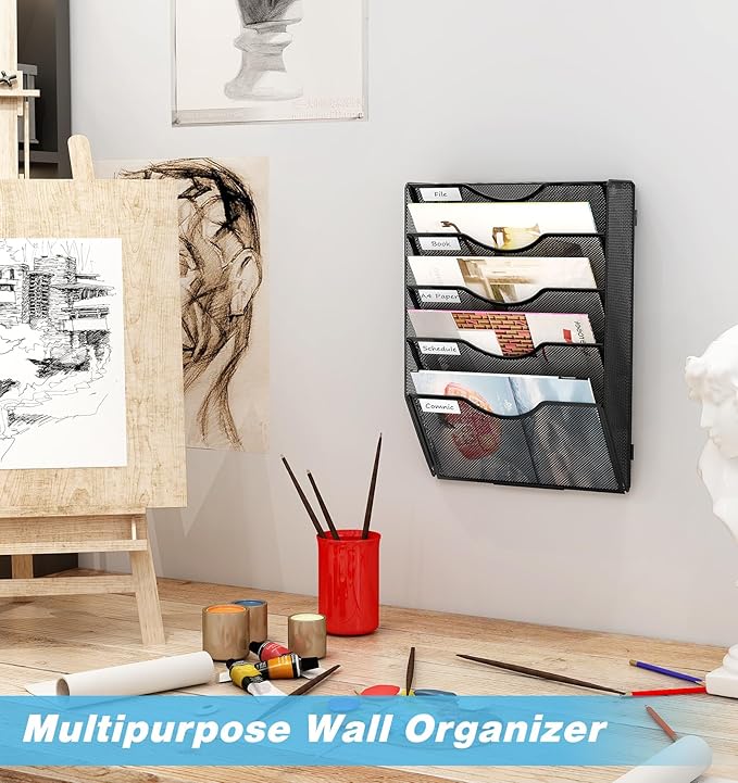 Solinxe Wall Hanging File Holder 5 Pocket Wall Mounted Paper Organizer Magazine File Holder Storage Rack,Black