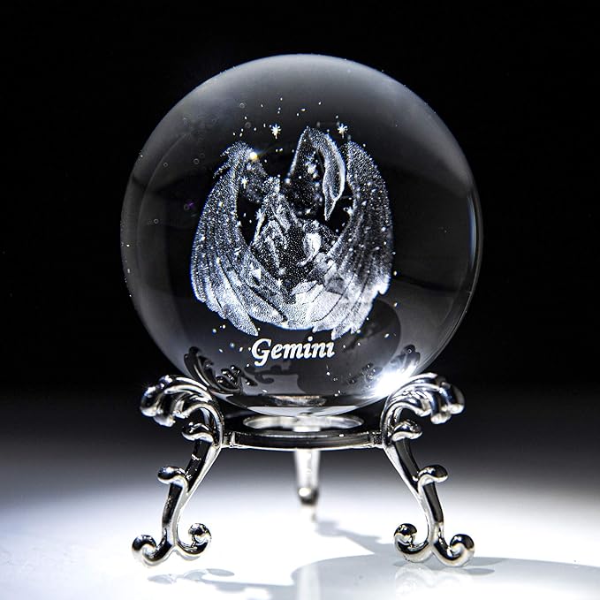 3D Constellation Crystal Ball 60mm Crystal Paperweight Full Sphere Glass Fengshui with Sliver-Plated Flowering Stand(Gemini)