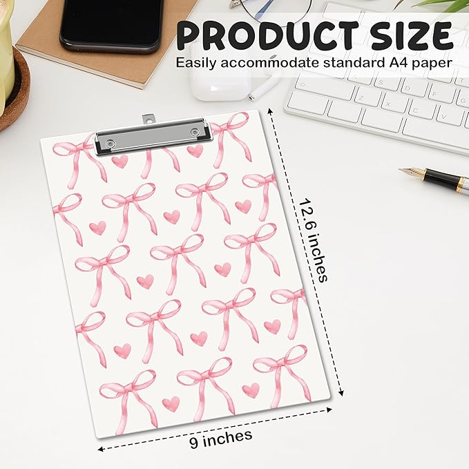 APIILVPQ Pink Clipboard，Bow Clipboards with Low Profile Clip for Office School Use, Cute Gifts Wooden Clip Boards for Nurses Teachers Students - B08