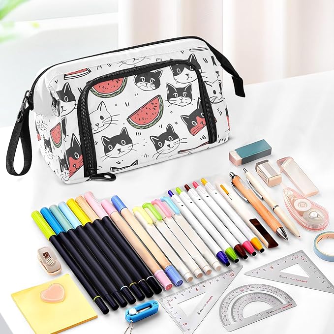 Bolaz Big Capacity Pencil Pen Case Pouch Bag School College Office Organizer for Teens Girls Adults Student-Cartoon Cat and Watermelon