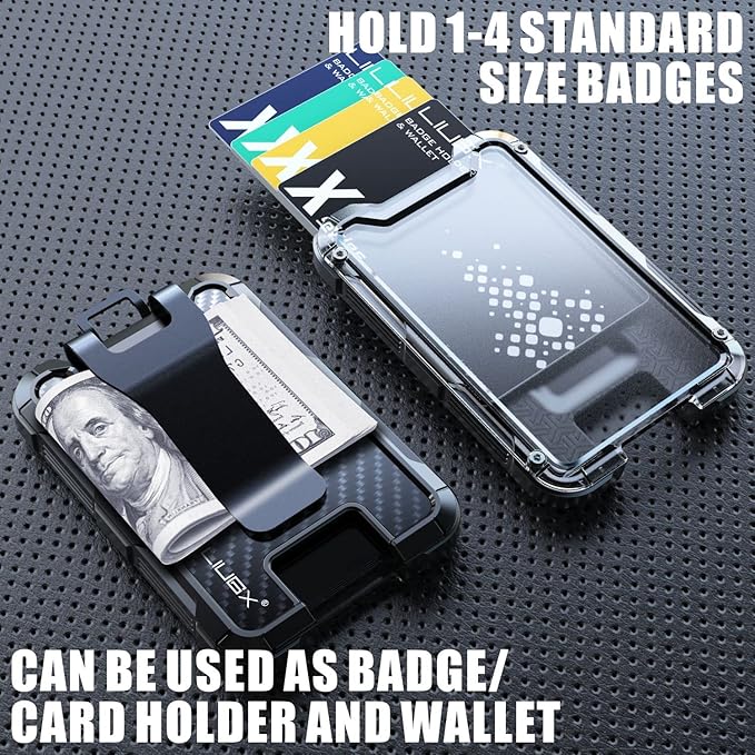 LIUGX Carbon Fiber Badge Holder, ID Card Holder with Metal Clip - Heavy Duty Portable Wallet (Holds 1 to 4 Cards),for Office Police Worker Outdoor,Black