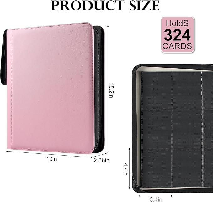 GEAoffice 9 Pockets Top Loader Binder Holds 324 Cards, Premium PU Leather Trading Card Binder for Toploader, Side Loading Zipper Card Binder Top Loader for 3"×4" Rigid, MTG, TCG, Waterproof, Pink