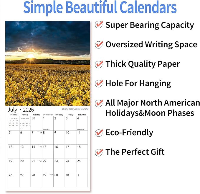 2026 Wall Calendar,Calendar 2026, November 2025 - December 2026, Wall Calendar Sunset, 12" x 24" Opened,Full Page Months Thick & Sturdy Paper for Calendar Organizing & Planning