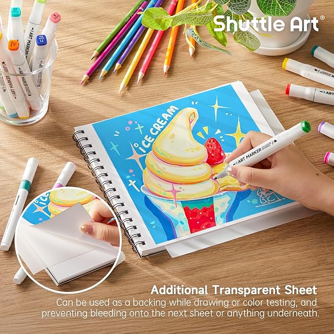 Shuttle Art Marker Pad, 8.9”x8.3” Portable Sketchbook, 40 Sheets Marker Drawing Paper, 110LB/180GSM Smooth Surface Bleedproof Art Paper, Spiral-Bound, Great for Beginners to Draw, Paint & Sketch