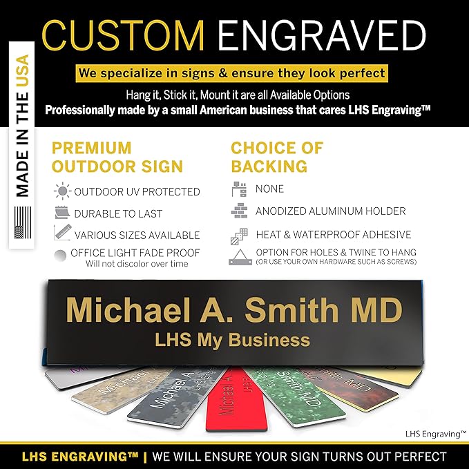 Custom Name Plate with Choice of Mounting for Walls, Doors, Cubicles, Hanging and More - Personalized Gloss Black Plastic Gold Letters - USA Made 2x12 - B3