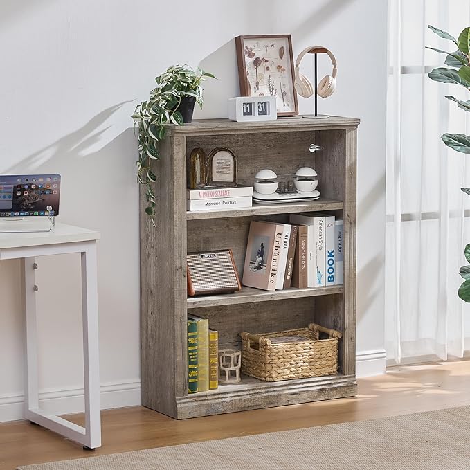 RWYHG 43" Grey Tall Bookshelf,3-Tier Thick Wooden Book Shelf with Adjustable Shelves,Free Standing Farmhouse Bookcase with Open Display Storage,Floor Vintage Bookshelves for Living Room,Office