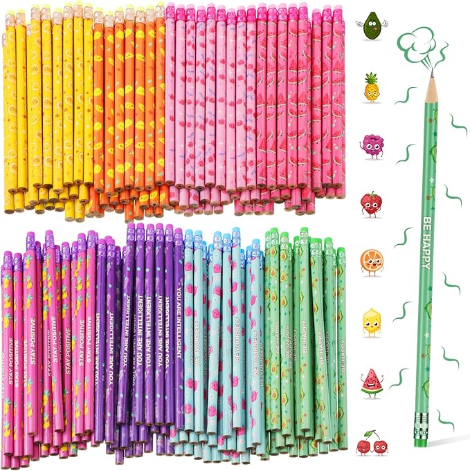 Leinuosen 300 Pcs Scented Pencils Bulk for Kids Inspirational Cute Fun Wood Smelly Pencils with Erasers Fruit Elements for School Classroom Office Students