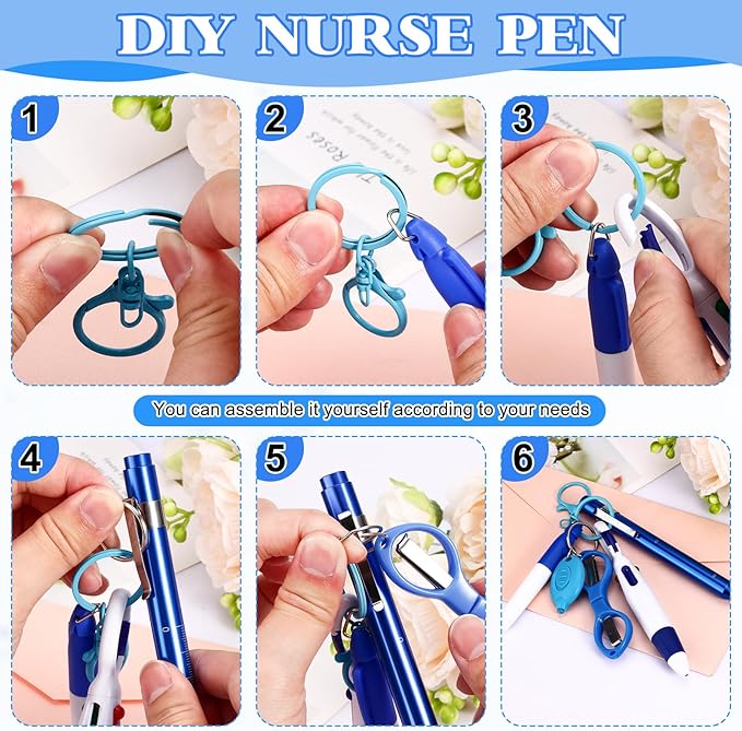 12 pcs Nurse Pen Set Two Colors Blue Green Include Permanent Marker Pen Pen Lights for Nurses Retractable Ballpoint Pen Nursing Keychain Clip Foldable Scissors LED Flashlight Keychain for Nurses