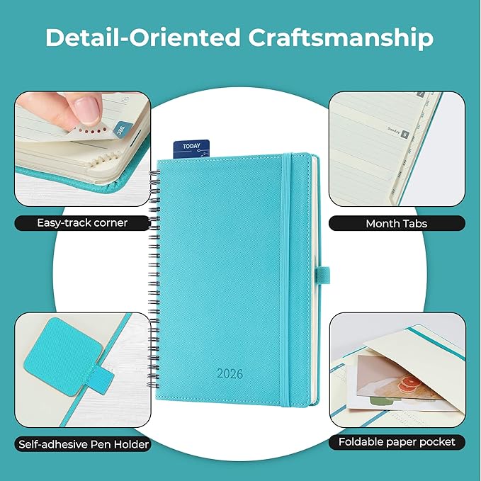 IN-LUXPRO Planner 2026 Daily Weekly and Monthly,8.5"x6.5",12 Months Spiral Bound Calendar Agenda with Self-adhesive Pen Holder,2026 Appointment Book with Vegan Leather Soft Cover,Light Blue