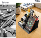 TopMade Wireless Charger Nightstand Organizer, Multi-Functional Pen/Pencil/Remote Holder for Desk, Leather Desktop Organizers, Home Office Supplies Fast Phone Charging Stand, Black Carbon Fiber