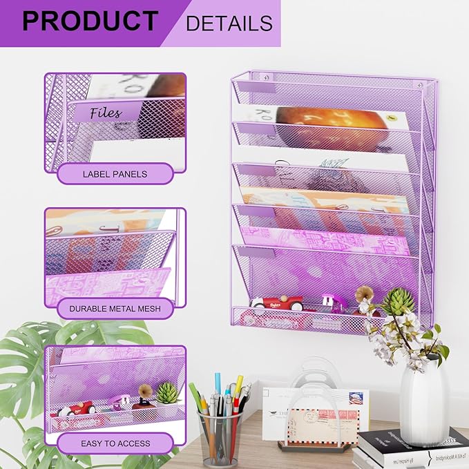 GDINDINFAN Wall File Organizer Holder Mesh Hanging Paper Document Holder, Vertical 6 Pocket Tier for Office Home, Light Purple