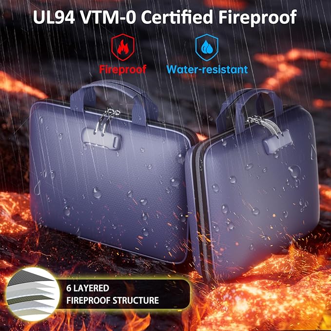 Fireproof File Organizer with Lock, Hard-Shell Case Fireproof Document Box with 13 Pockets Accordion File Folder, Important Document Organizer for Letter A4 Files Laptop Passports (Blue)
