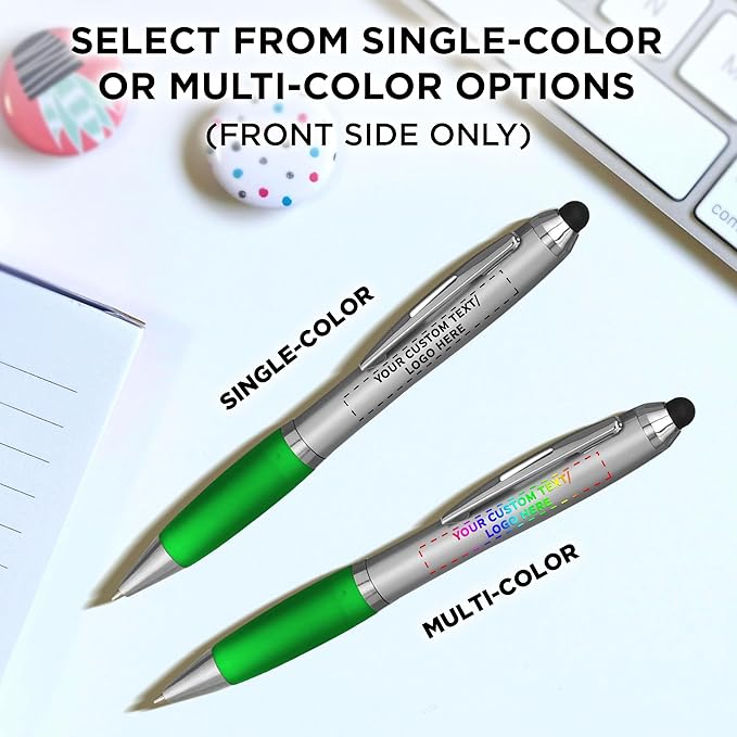 DISCOUNT PROMOS Custom Stylus Ballpoint Pens Set of 100, Personalized Bulk Pack - Black Ink, Great for Office, School, Business, Tradeshows, Events - Green