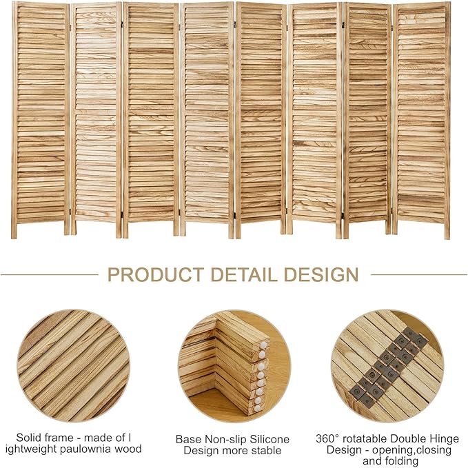 Room Partitions and Dividers, Temporary Wall with Double Hinges, 5.6 Ft Tall Folding Louver Wood Screen for Home Office Bedroom Hotel Decoration (8 Panels, Wood Color)