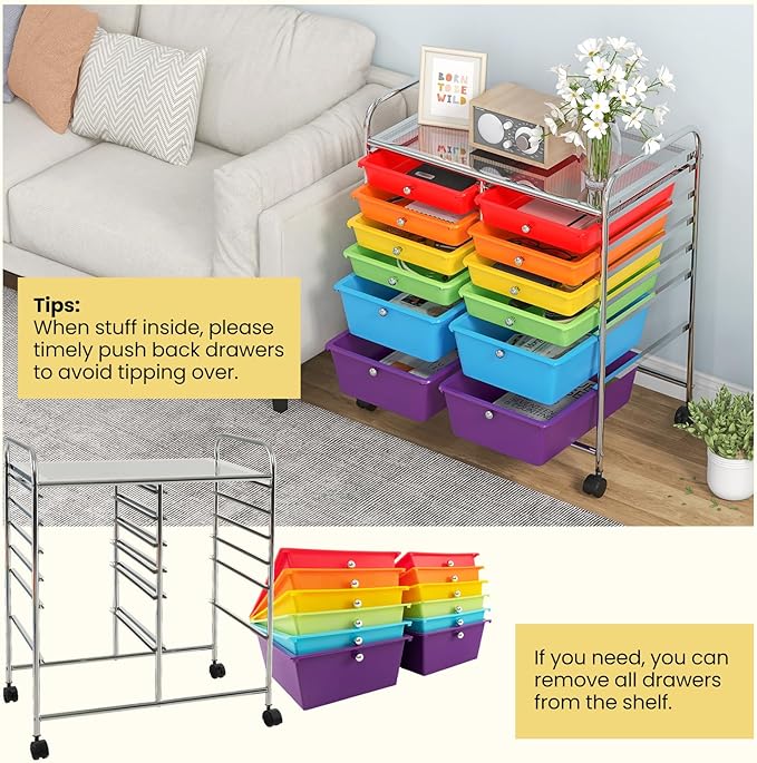 LDAILY 12 Drawer Rolling Storage Cart, Craft Cart Organizer on Wheels w/Metal Frame, Large Capacity & Smooth Drawer, Rolling Cart w/Drawers for Classroom, Office