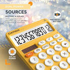 CATIGA 12 Digit Desktop Calculator Basic Desk Calculator with Large LCD Display, Big Buttons, 4 Function, Solar and Battery Dual Power, for Office, School, Home, SD-1292 Yellow