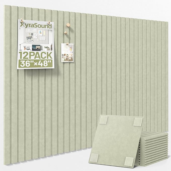 Large Cork Board for Wall 36" x 48" Sage Bulletin Board with Safe Removable Adhesive Squares for Pictures Photos, Alternative CorkBoard Felt Pin Boards Tiles for Office Classroom Wall Decor - 12 Pack