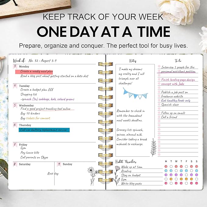 Undated Weekly and Monthly Planner – 12-Month To Do List Notebook Organizer with Goal & Habit Tracker, Spiral Bound Productivity Journal Ideal for Work, School & Home, 6.5" x 8.5", Wildfloral