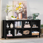 Joaxswe 8 Cube Book Shelf, Farmhouse Wood Long Storage Organizer Bookcase, 62" Horizontal Black Console Closet Bookshelf, Hallway TV Stand for Entryway, Display Cabinet Book Case for Living Room