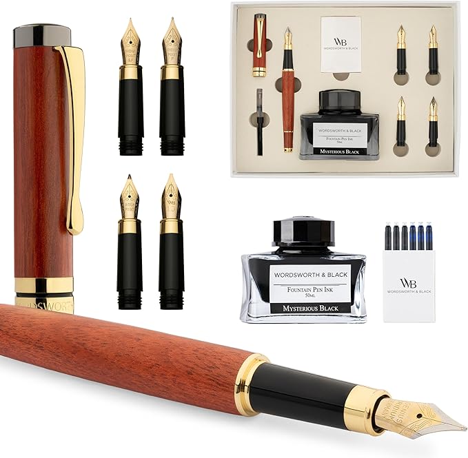 Wordsworth & Black Fountain Pen Gift Set, Includes Ink Bottle, 6 Ink Cartridges, Ink Refill Converter, 4 Replacement Nibs, Luxury Bamboo, Journaling, Calligraphy, Smooth Writing Pens [ Rosewood]