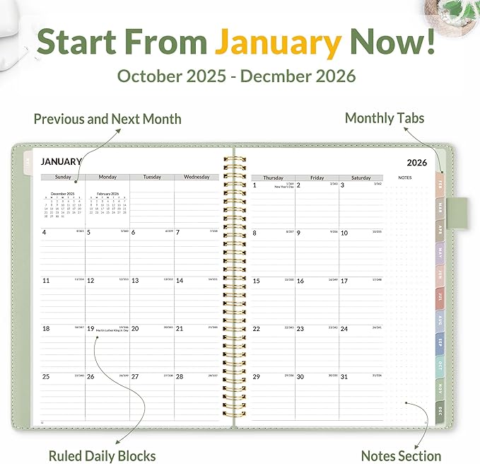 SUNEE 2026 Planner, Weekly and Monthly Calendar Planner 9"x11.2"- 12 Month (January 2026 - December 2026), Vegan Leather Cover, Pocket, Bookmark, Notes, Monthly Tab, Sage Green