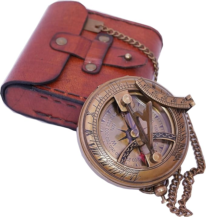 Handcrafted Vintage Brass Sundial Compass – Antique Nautical Sun Clock with Leather Case – Engraved Collectible Brass Compass Gift for Men - Nautical Gifts for Men, Best Anniversary Vintage Gifts