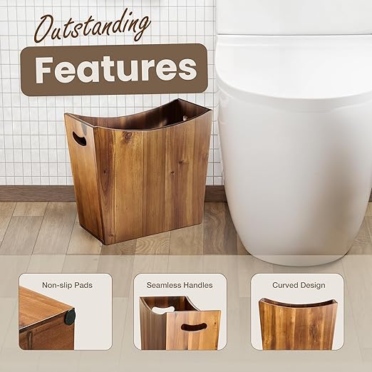Tidita 3 Gallons Rectangular Wastebaskets - Acacia Wood Waste Basket with Handles - Small Trash Can for Bathroom - Brown Garbage Bin for Spa Decorative, Kitchen Under Counter, Living Room, Office