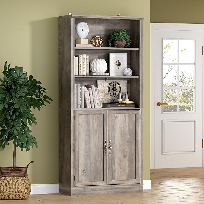 BORNOON 71.4" Tall Bookshelf with Cabinet, 5-Tier Floor Standing Bookcase with Doors & Adjustable Shelves, 31.5" Wide Storage Shelf, Metal Handles, Modern Organizer for Home Office, Living Room