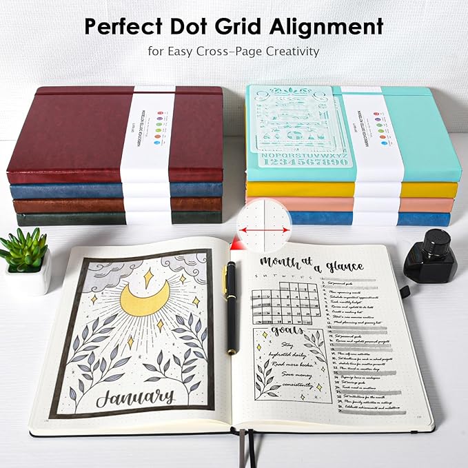 OFFIGIFT Bullet Dotted Journal, Large A4 Hardcover Leather Journal, 312 Numbered Pages Thick Journal, 100gsm No Bleed Paper Dot Grid Notebook for Women Men, 8.5'' × 11'', Black