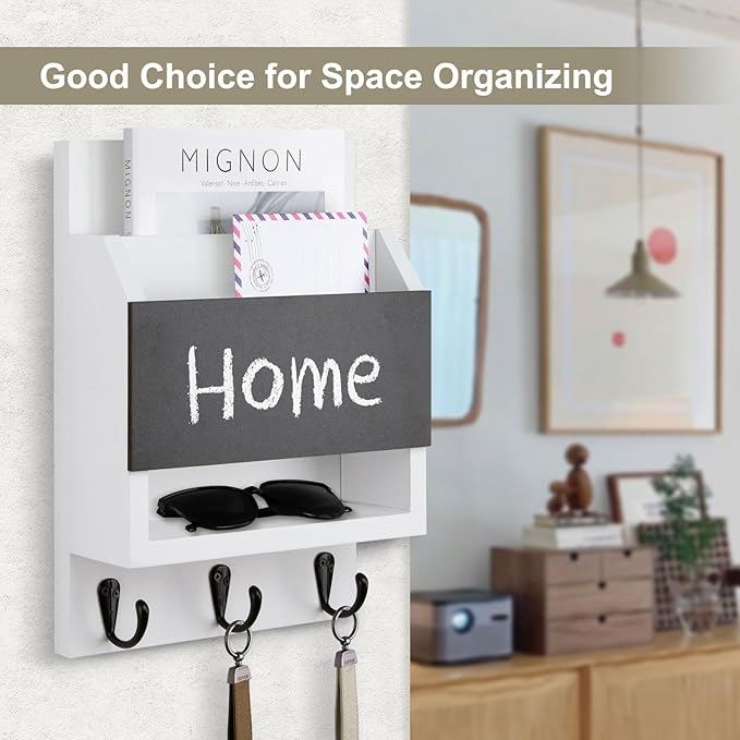 Lucundm Key and Mail Holder for Wall, Key Holder with Chalkboard and Long Storage Box, Key Hanger with 3 Sturdy Hooks for Coat, Dog Leash, Entryway Mail Organizer (White)