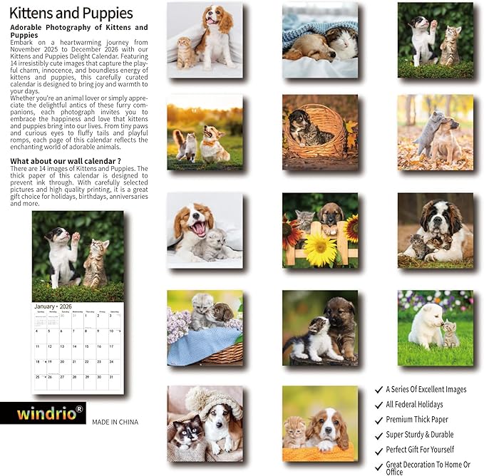 2026 Wall Calendar,Calendar 2026, November 2025 - December 2026, Wall Calendar Kittens and Puppies, 12" x 24" Opened,Full Page Months Thick & Sturdy Paper for Calendar Organizing & Planning