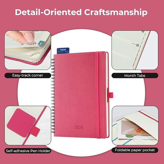 IN-LUXPRO Planner 2026 Daily Weekly and Monthly,8.5"x6.5",12 Months Spiral Bound Calendar Agenda with Self-adhesive Pen Holder,2026 Appointment Book with Vegan Leather Soft Cover,Rose Red