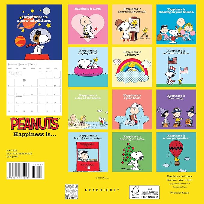 Graphique 2026 Peanuts Mini Wall Calendar | 7” x 7” | Thick Paper | Home & Office Organizer | Large Monthly Grid | 3 Languages & Marked Holidays | 4 Month Preview Page for 2027