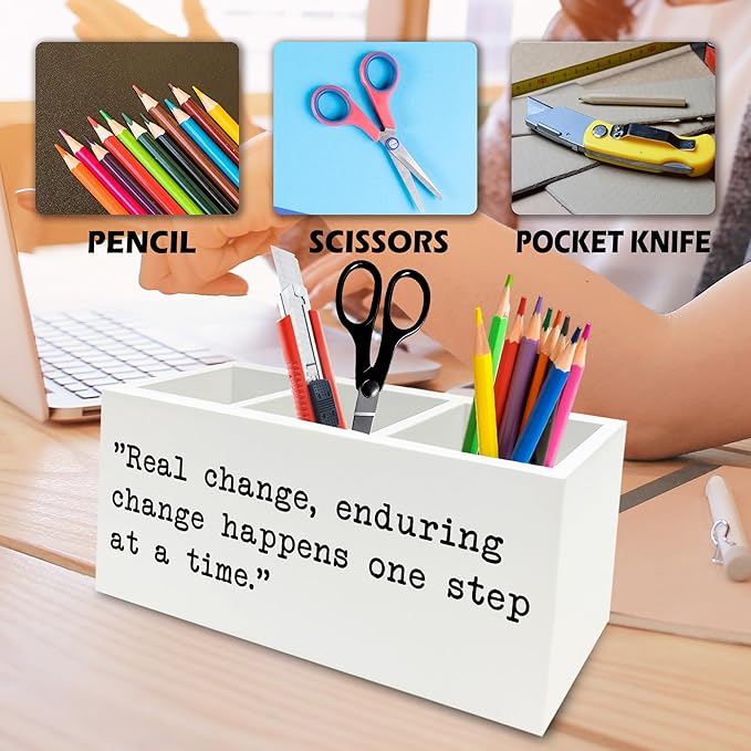 QZQE Inspirational Gifts Pen Pencil Holder Organizer for Desk, Inspirational Gifts for Women Men Wooden Box Signs Decorations for Home Office Desk Tabletop, Motivational Decor