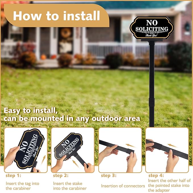 No Soliciting Sign for House with Stake - 40-mil Thick Aluminum - 5x10 Inch/37 Inch High - Adjustable Height - Outdoor Yard Sign for Home and Front Door (A1513)