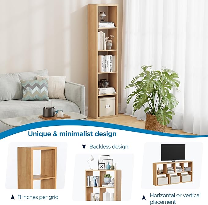 5 Cube Storage Organizer Single Row, Cube Shelf with Heavy-Duty Thick Boards, 13.31"L x 9.37"W x 60.55"H, Smooth Easy-Clean Panels, Simple Assembly, for Living Room Bedroom Office, Natural-Oak