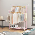 Calmootey Double Rod Clothing Garment Rack,Rolling Hanging Clothes Rack,Portable Clothes Organizer for Bedroom,Living Room,Clothing Store,Pink