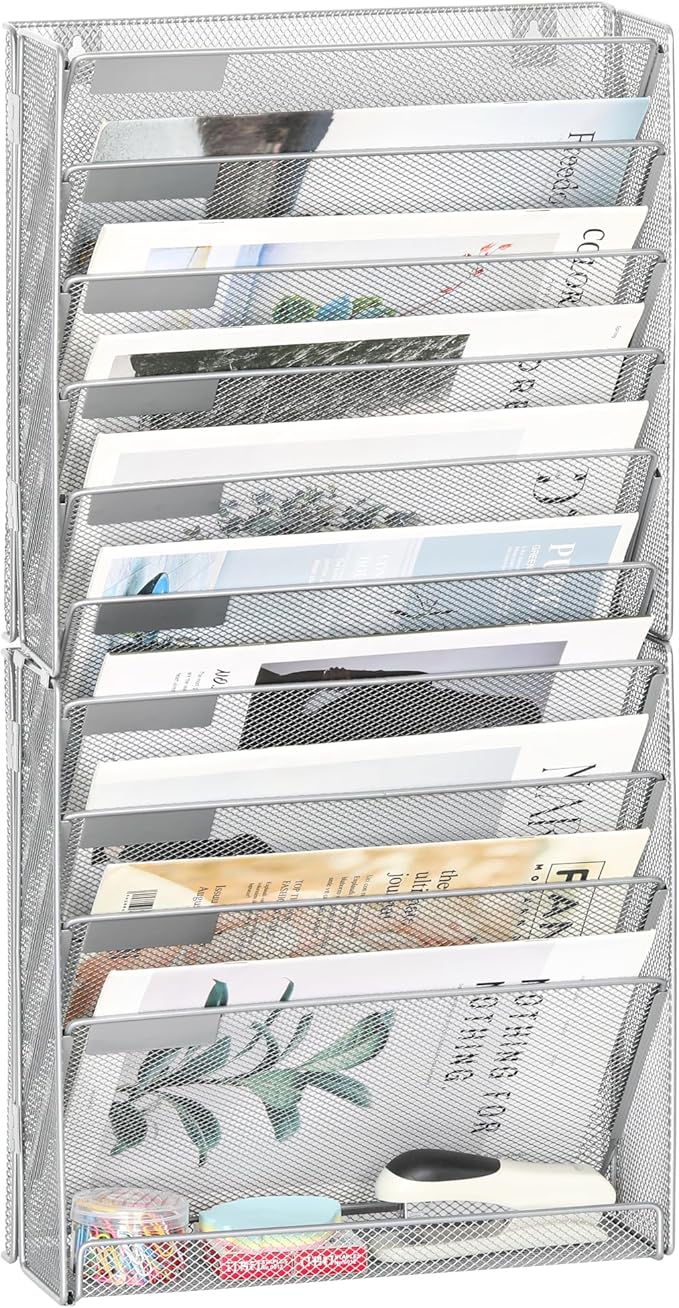 EasyPAG Wall File Holder 10 Tier Mesh Hanging Folder Organizer with Flat Tray Wall Mounted Mail Organizer Magazine Paper Desk Shelf with Nametag Label for Office Home School, Silver