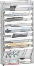 EasyPAG Wall File Holder 10 Tier Mesh Hanging Folder Organizer with Flat Tray Wall Mounted Mail Organizer Magazine Paper Desk Shelf with Nametag Label for Office Home School, Silver