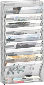 EasyPAG Wall File Holder 10 Tier Mesh Hanging Folder Organizer with Flat Tray Wall Mounted Mail Organizer Magazine Paper Desk Shelf with Nametag Label for Office Home School, Silver