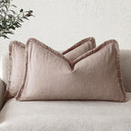 Foindtower Set of 2 Decorative Linen Fringe Lumbar Throw Pillow Covers Farmhouse Cushion Cover with Tassels Soft Accent Pillowcase for Couch Sofa Bed Living Room Home Decor,12×20 Inch,Dusty Pink
