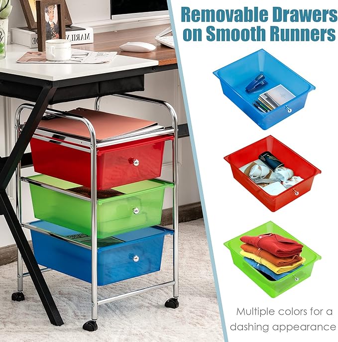 Giantex Rolling Cart with Drawers, Craft Organizer with Wheels, 3 Drawer Storage Container Bins for Back to School Office Scrapbook Paper Tools Multicolor