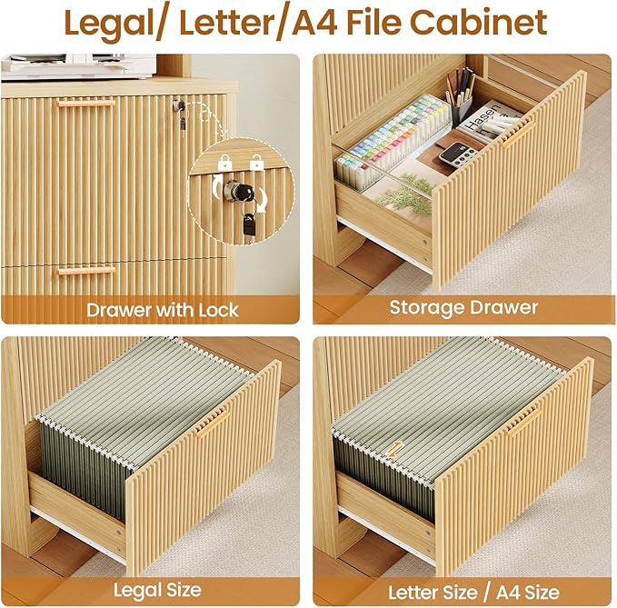 SEDETA 2 Drawer File Cabinet with Lock, Wood Filing Cabinet fits Letter, Legal, A4 Size, Hanging File Folders, Farmhouse File Cabinets for Home Office with Adjustable Storage Shelf, Natural Oak