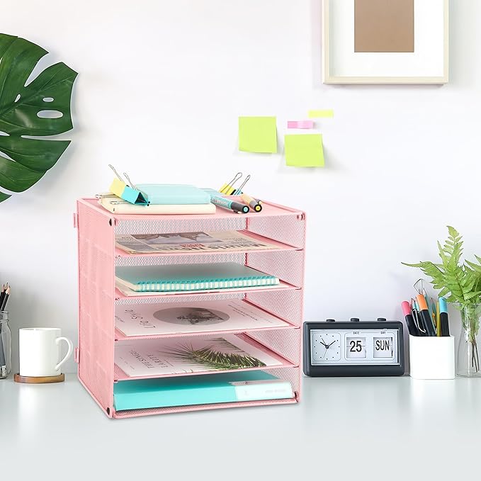 EASEPRES 5 Slot Mesh Desk Organizer Tray, File Paper Letter Folder Holder Desktop Paper Sorter Mail Organization Rack Storage Accessories, for Office Home School Classroom, Pink