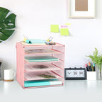 EASEPRES 5 Slot Mesh Desk Organizer Tray, File Paper Letter Folder Holder Desktop Paper Sorter Mail Organization Rack Storage Accessories, for Office Home School Classroom, Pink