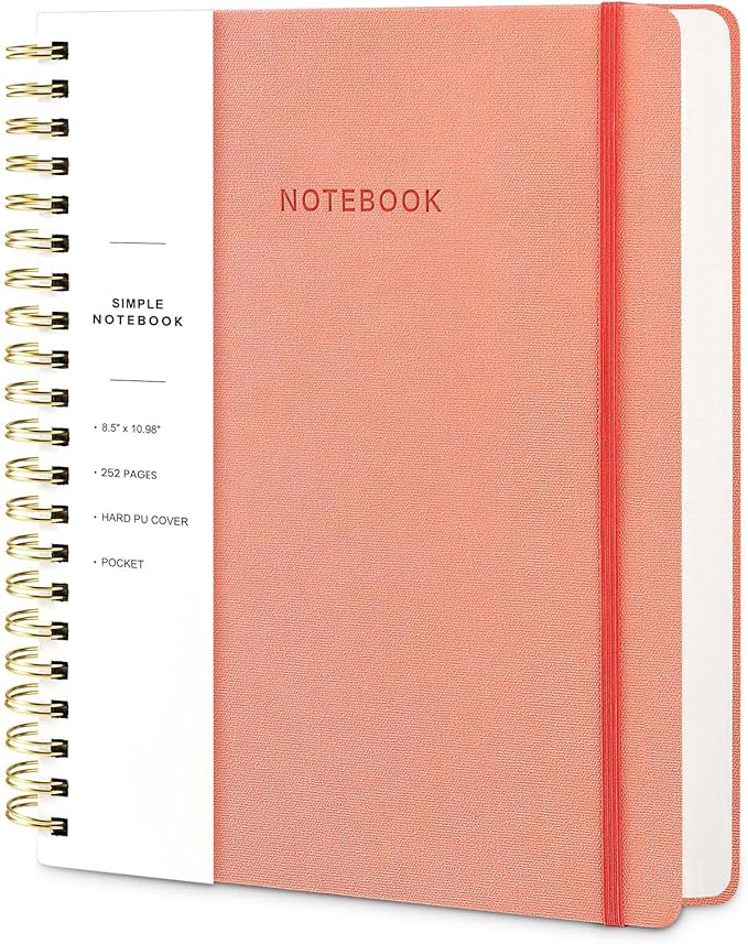 Oneirom Spiral Notebook - 8.5 x 10.98 Inch Large Hard Cover Notebook with Elastic Band & Pocket, 252 Pages, Lay Flat Wirebound Journal for Work, School, Planning & Note Taking Pink